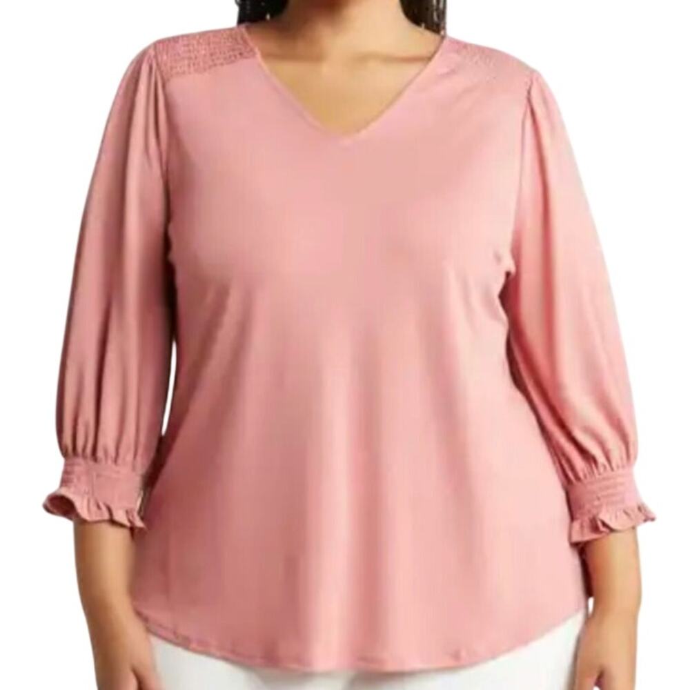 NWT Adrianna Papell Romantic Feminine 3/4 Smocked Sleeve V-neck Top